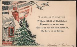 Christmas Greetings, O Holy Child of Bethlehem, Snowy House, Birds Postcard