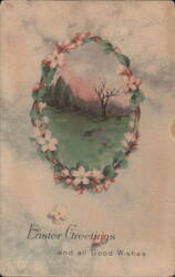 Easter Greetings with Floral Border and Spring Landscape Postcard