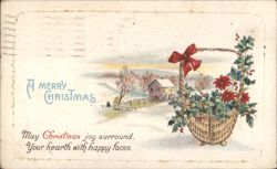 Merry Christmas Basket with Holly & Winter Mill Scene, Providence, RI Postcard