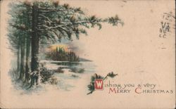 Merry Christmas Winter Landscape with Snow-Covered Pine Trees & Sunset Postcard