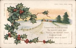 Snowy Christmas Landscape with Holly and 'Happy and Gay' Greeting Postcard
