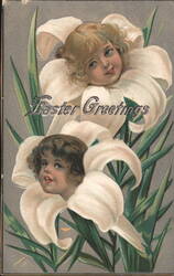 Easter Greetings with Children's Faces in Lily Flowers Postcard