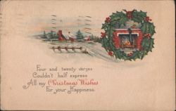 Christmas Wreath & Fireplace in Snowy Village with Holiday Greeting Postcard