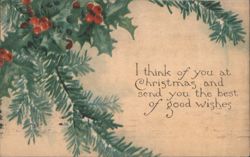 Christmas Greeting with Holly and Evergreen Branches, 1917 Postcard