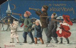 Bernhardt Wall: Children Playing Horns, A Happy New Year Snow Scene Postcard