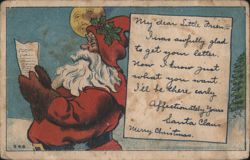 Santa Claus Reads Letter from 'My dear Little Friend' with Moon Face, Christmas Postcard