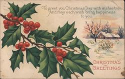 Holly Berries and Winter Landscape with Christmas Greetings Postcard