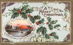 A Merry Christmas Holly & Mistletoe Winter Scene by M.M. Marshall Postcard
