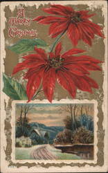Merry Christmas Poinsettias & Snowy Winter Landscape Postcard