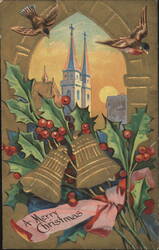 A Merry Christmas Golden Bells, Holly, Birds, and European Cathedral Postcard