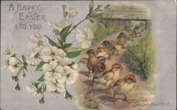 Easter Chicks on Path with Cherry Blossoms - A Happy Easter Greeting Postcard