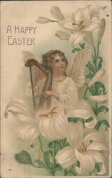 Easter Angel Playing Harp Surrounded by White Lilies Postcard