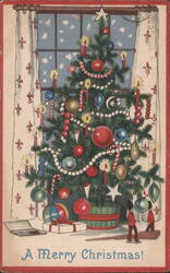 A Merry Christmas! Children by Decorated Tree, Lit Candles, Ornaments Postcard
