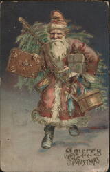 Santa Claus with Christmas Tree and Gifts "A Merry Christmas" Postcard
