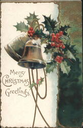 Merry Christmas Greetings with Bells and Holly Postcard