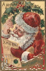 A Merry Christmas Santa Claus Reading 'XMAS NEWS' with Pipe Postcard