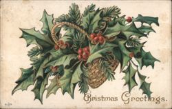 Holly and Berries in Woven Basket, Christmas Greetings Postcard