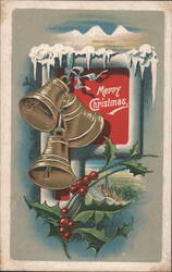 Merry Christmas Bells and Holly with Snowy Mountain Background Postcard