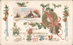 Merry Christmas and a Happy New Year with Snowy House and Holly Postcard