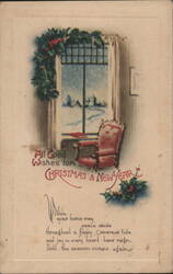 Christmas & New Year Wishes, Snowy Window Scene with Armchair & Holly Postcard