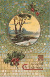 A Joyful Christmas with Holly and Mosaic Frame Postcard
