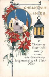 Christmas Wishes with Poinsettias, Snowy Village Houses & Lantern Postcard