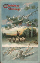 Christmas Greetings: Shepherd with Sheep in Snowy Winter Landscape Postcard