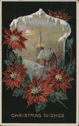 Christmas Wishes: Snowy Church Scene with Red Poinsettia Border Postcard