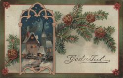 Christmas Scene with Snow-Covered House, Pinecones & 'God Jul' Greeting Postcard