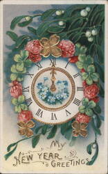 New Year's Greetings Clock with Flowers, Clovers, and Mistletoe Postcard