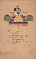 1915 Christmas Greeting Card: Stylized Woman with Book and Candles Postcard