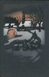 Fröhliche Weihnachten, Snowy Village Church, Winter Christmas Greeting Postcard
