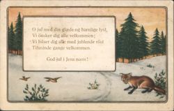 Christmas Fox & Birds in Snowy Forest with Danish Greeting Postcard