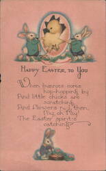 Happy Easter Bunnies, Chick Hatching from Egg, and Poem Postcard