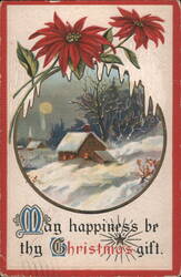 Christmas Poinsettias & Snowy Winter Scene Greeting, 1909 Postcard