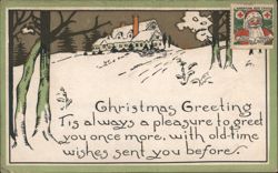 Arts & Crafts Christmas Greeting with Snowy Landscape Santa Claus Red Cross Seal Postcard