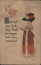 Birthday Wish with Elegant Woman in Red Shawl & Hat, Art Nouveau Style Postcard