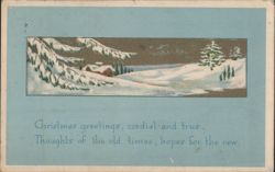Christmas Greetings Winter Scene with Snow-Covered Trees and Cabin Postcard