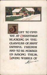 Christmas Greeting with Snowy House and Ornate J Initial Postcard