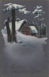 Snow-Covered Cabin in Winter with Christmas Wishes Postcard