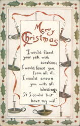 Merry Christmas Greeting with Candles, Holly, Ribbon, and Sentimental Poem Postcard