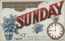 Sunday Invitation with Blue Flowers & Pocket Watch, 'If I Don't Hear to the Contrary' Postcard