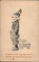 Whimsical Child in Pointed Hat & Wooden Shoes with Toy Wagon, "Mein Luf" Greeting Postcard