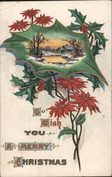 Christmas Poinsettias & Holly with Winter Landscape Scene Greeting Postcard