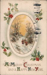 Merry Christmas & Happy New Year Winter Scene with Holly Border Postcard