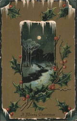 Moonlit Winter Landscape with Holly & Icicles, A Merry Christmas Postcard