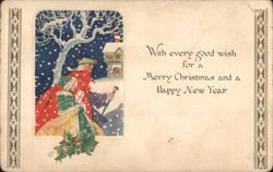 Winter Scene Christmas & New Year Greeting, Snow-Covered Trees & Figures Postcard