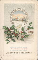 A Joyous Christmas Greeting with Holly and Snowy Village Keyhole Scene Postcard