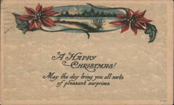 A Happy Christmas Greeting with Poinsettias and Winter Landscape, 1916 Postcard