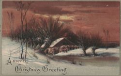 A Merry Christmas Greeting, Winter Watermill and Snowy Landscape Postcard